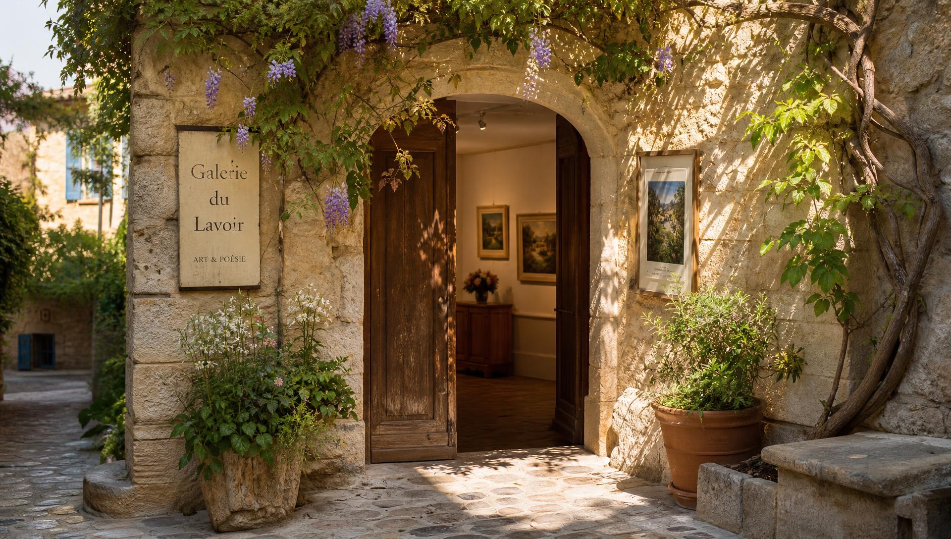 A sun-drenched gallery entrance, cobbled stone, cream limestone walls, and hanging vines
